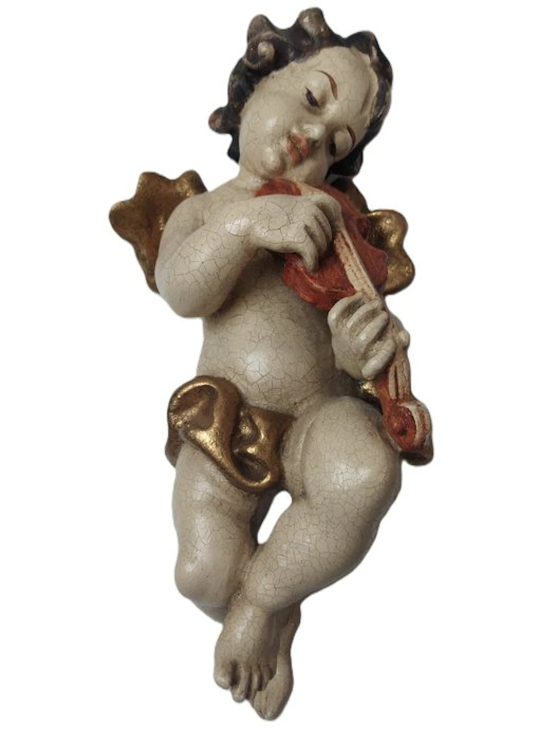 Carving, Holzfigur - farbiger Engel Cherub mit Geige...