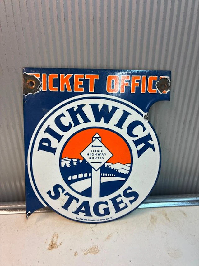 Vintage Pickwick Stages 'Ticket Office' advertising board...
