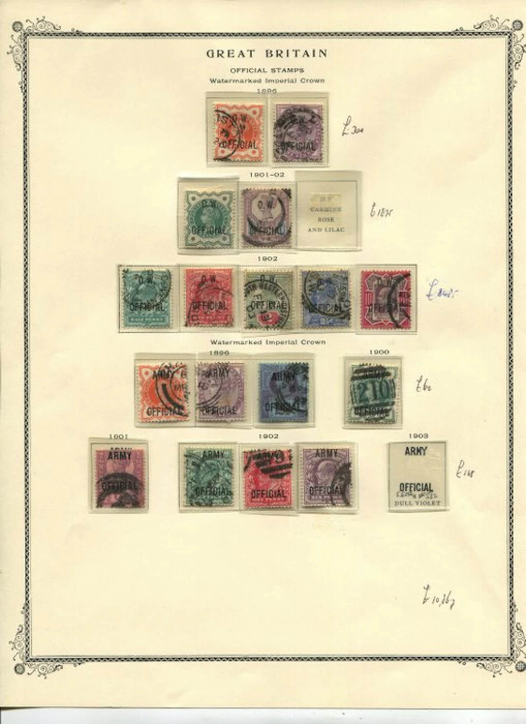 Great Britain 1896/1902 - Officials collection on an album page