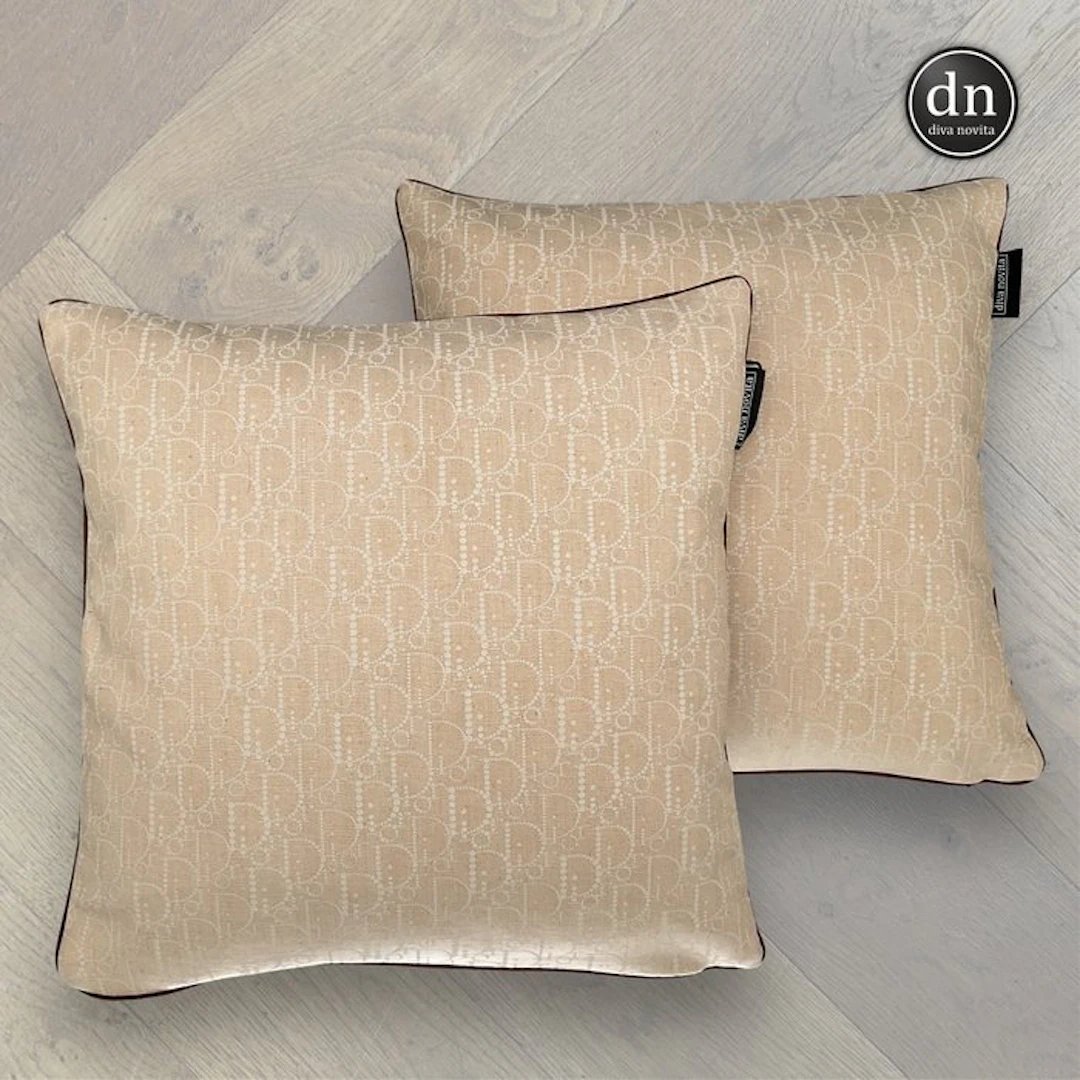 Dior Monogram - Set of 2 - Denim & Golden Velvet, Premium 45×45 cm - Cushion