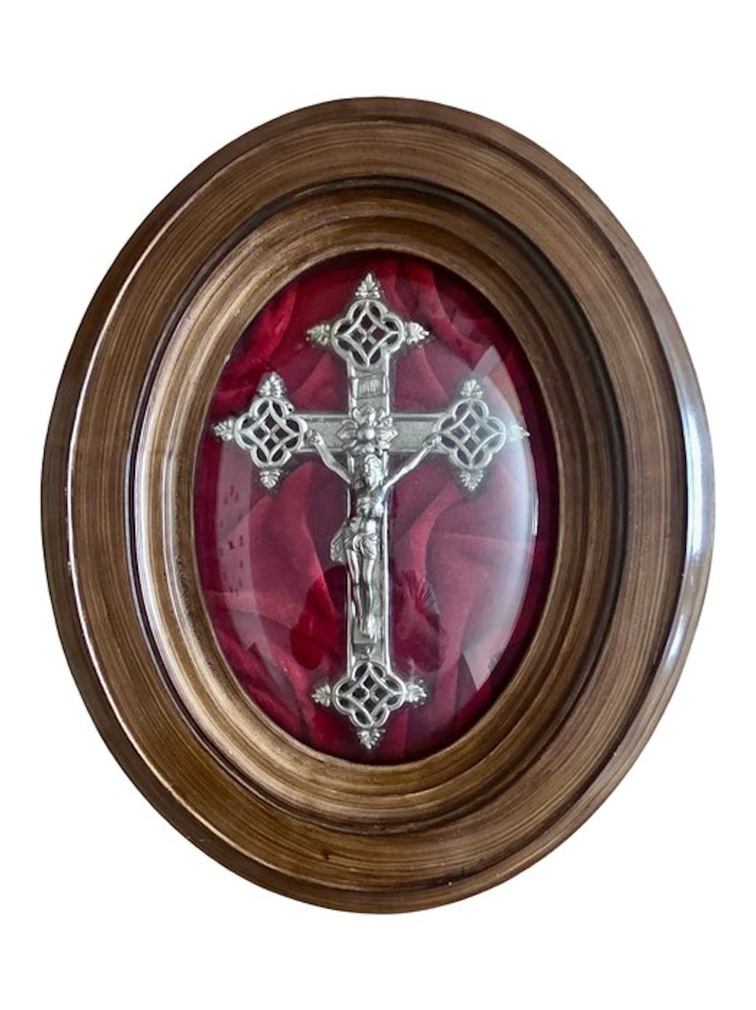 Crucifix - Wood, Glass, Textile - 1850-1900 - Oval Devotional Frame - 34.5 cm
