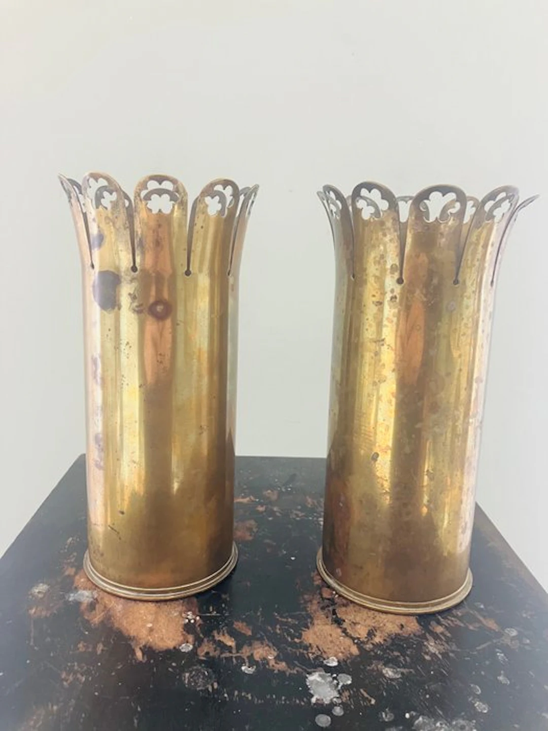 Two bullet casings, stunning trench art from WWI, 21 cm tall - Bullet