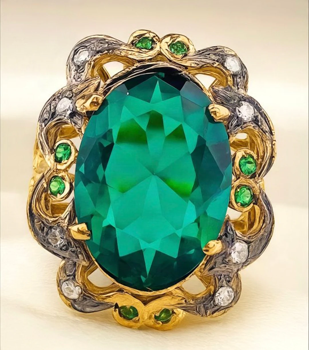 No reserve price - Ring - 9 kt. Yellow gold, Silver Emerald - Diamond