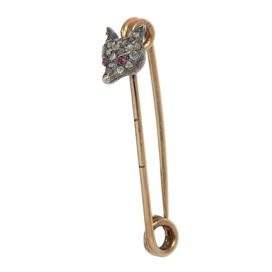 Jewellery pin - 14 kt. Rose gold, Silver - Diamond - Antiqe ca. 1880 Fox