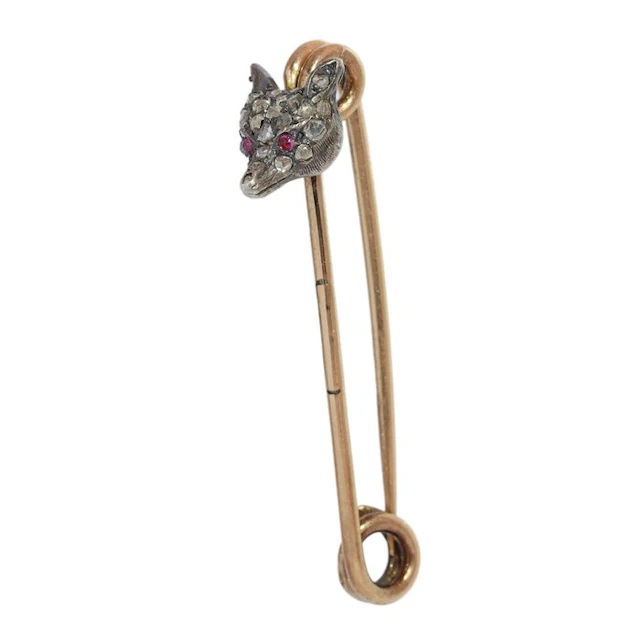Jewellery pin - 14 kt. Rose gold, Silver - Diamond - Antiqe ca. 1880 Fox