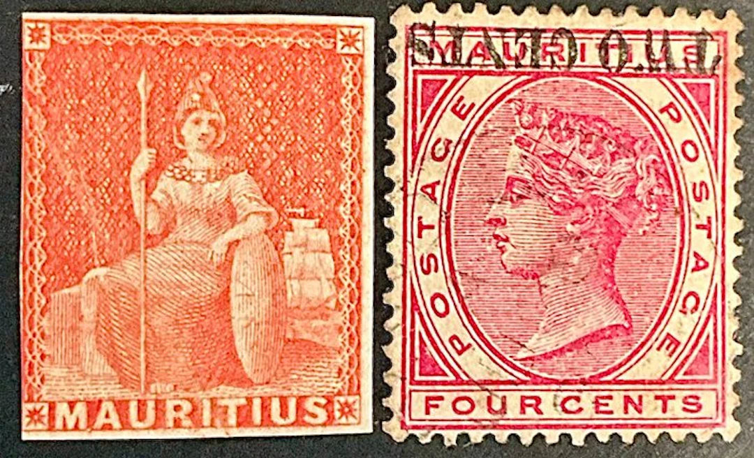 Brittiska samväldet 1882/1891 - Mauritius-sittande Britannia tegelröd obeg. + Two Cents på Four Cents-kopfstående övertryck - Michel
