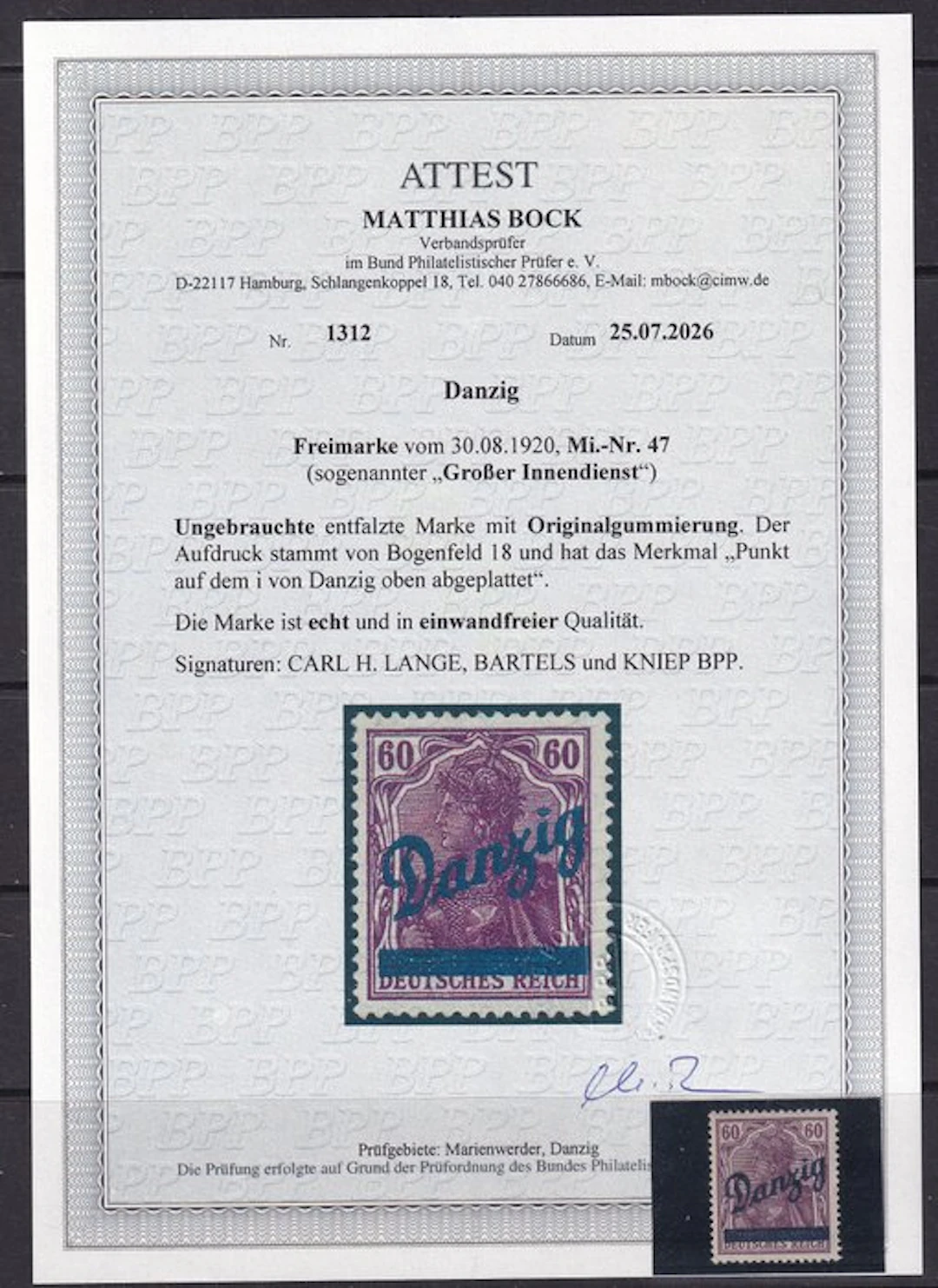 German Empire 1920 - "Großer Innendienst" Attestation M. Bock BPP. - Michel: 47