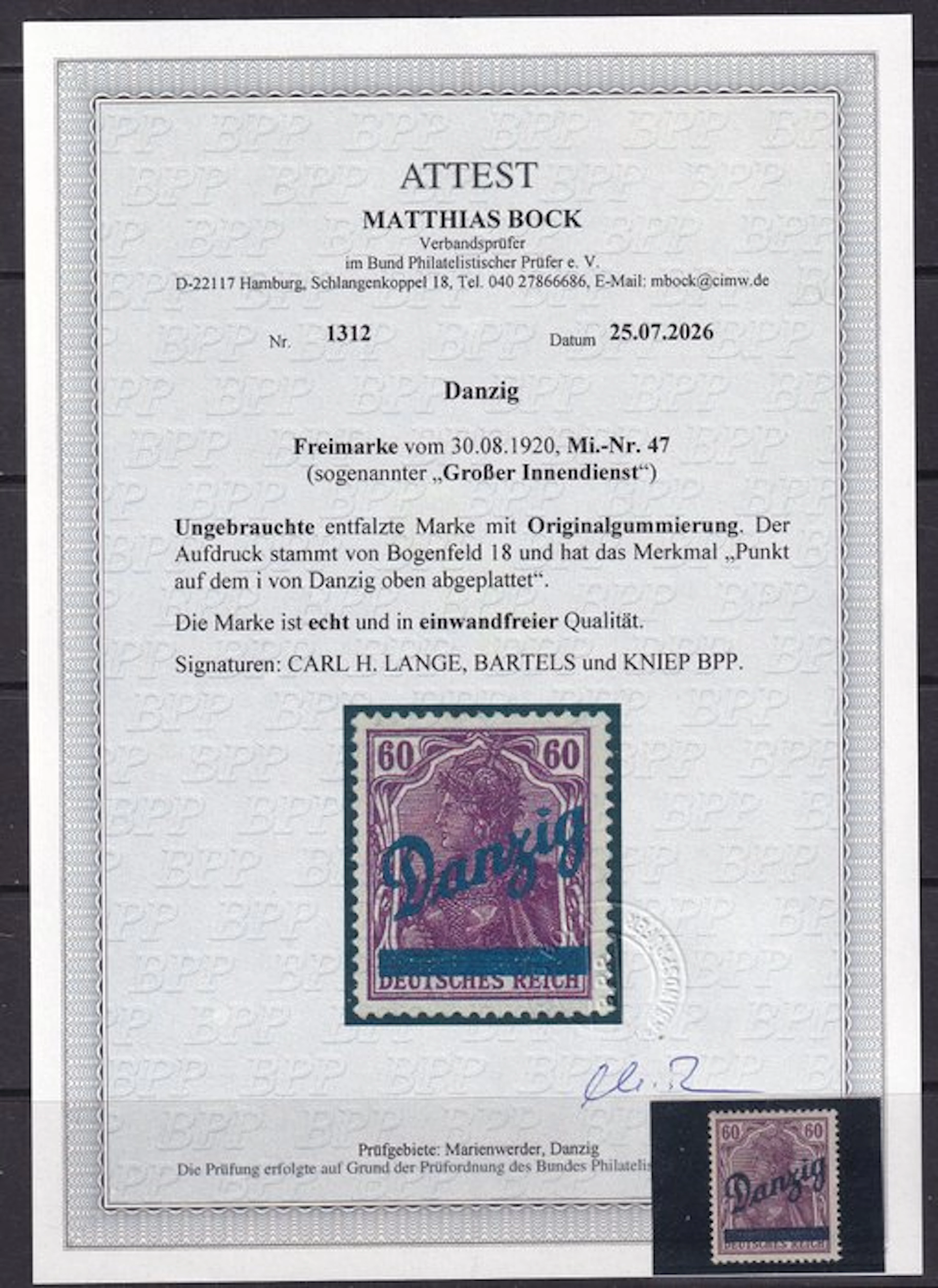 German Empire 1920 - "Großer Innendienst" Attestation M. Bock BPP. - Michel: 47