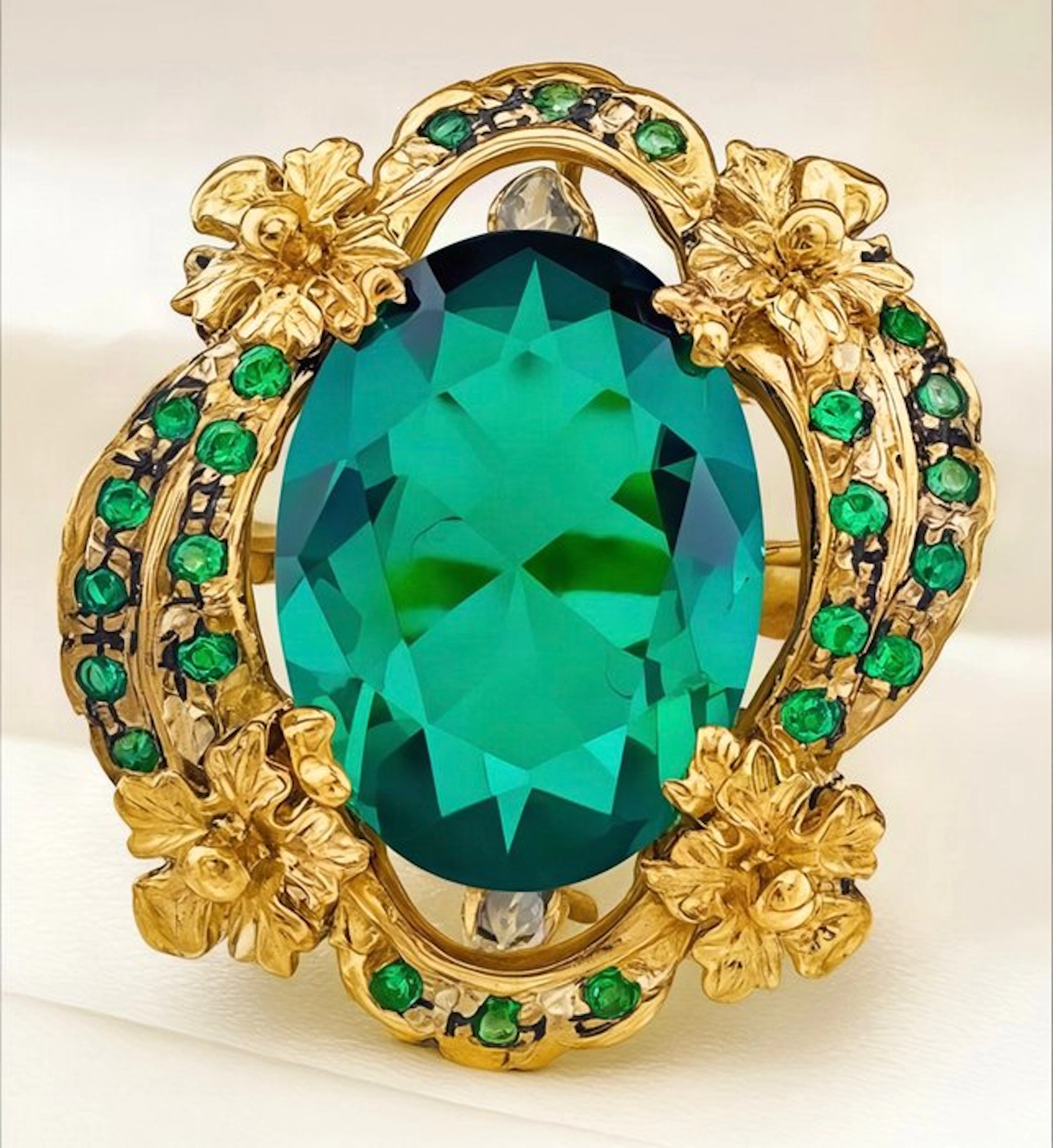 No reserve price - Ring - 9 kt. Yellow gold, Silver Emerald - Diamond