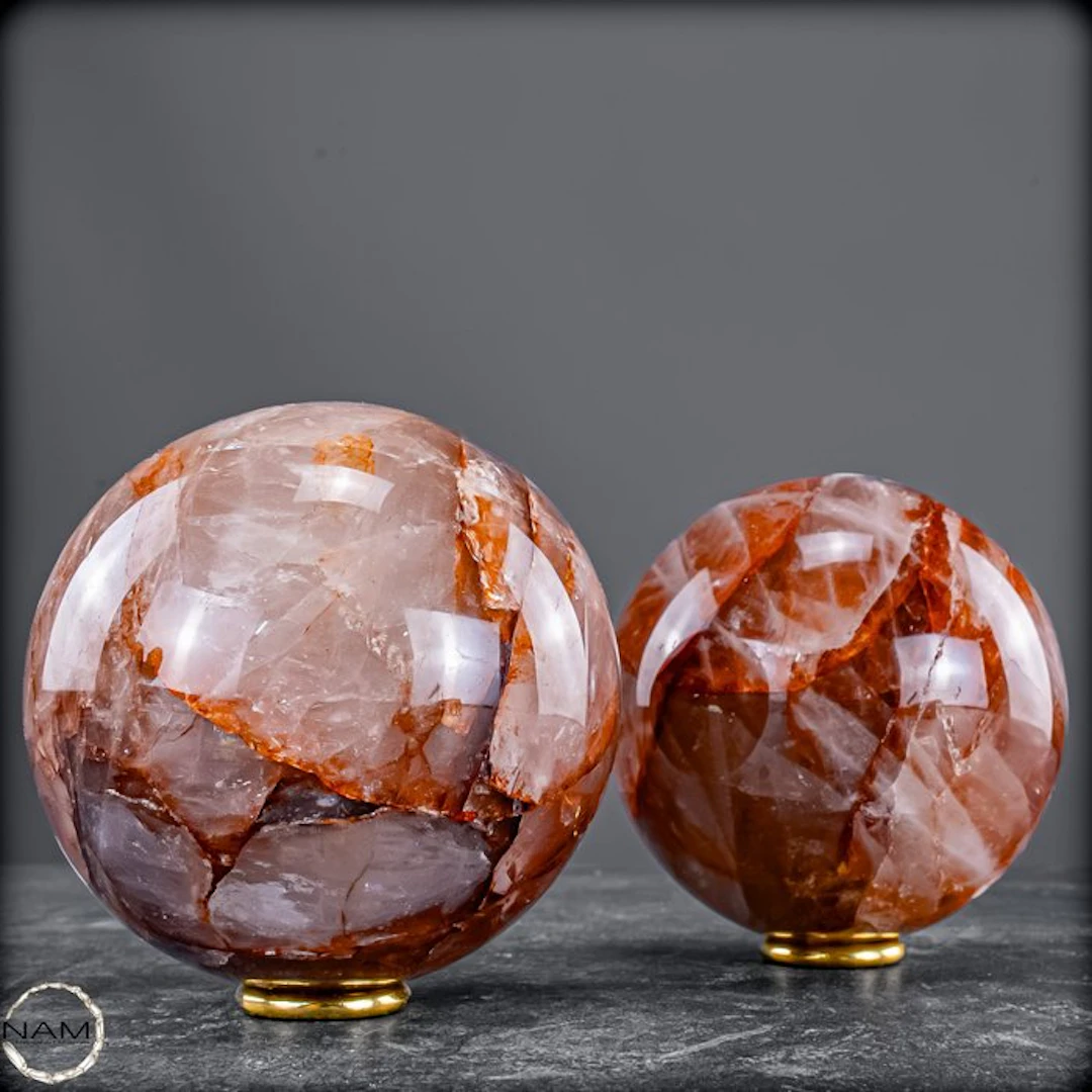Fiery fire quartz sphere set – two powerful natural stone...