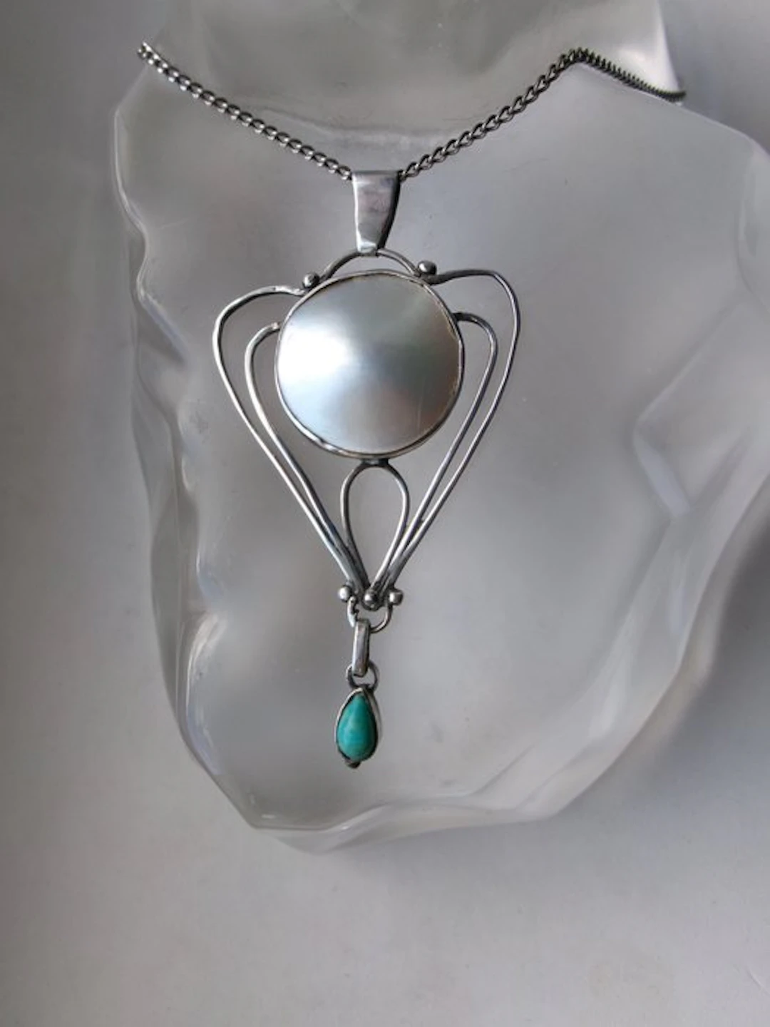 Silver, Mother-of-Pearl & Turquoise - Necklace with pendant - Art Nouveau Style