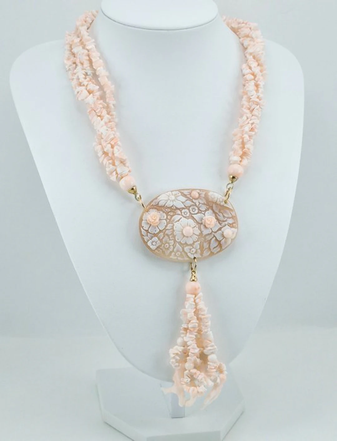 Coral - Silver, Gold-plated - Necklace - Pink Coral and Cameo