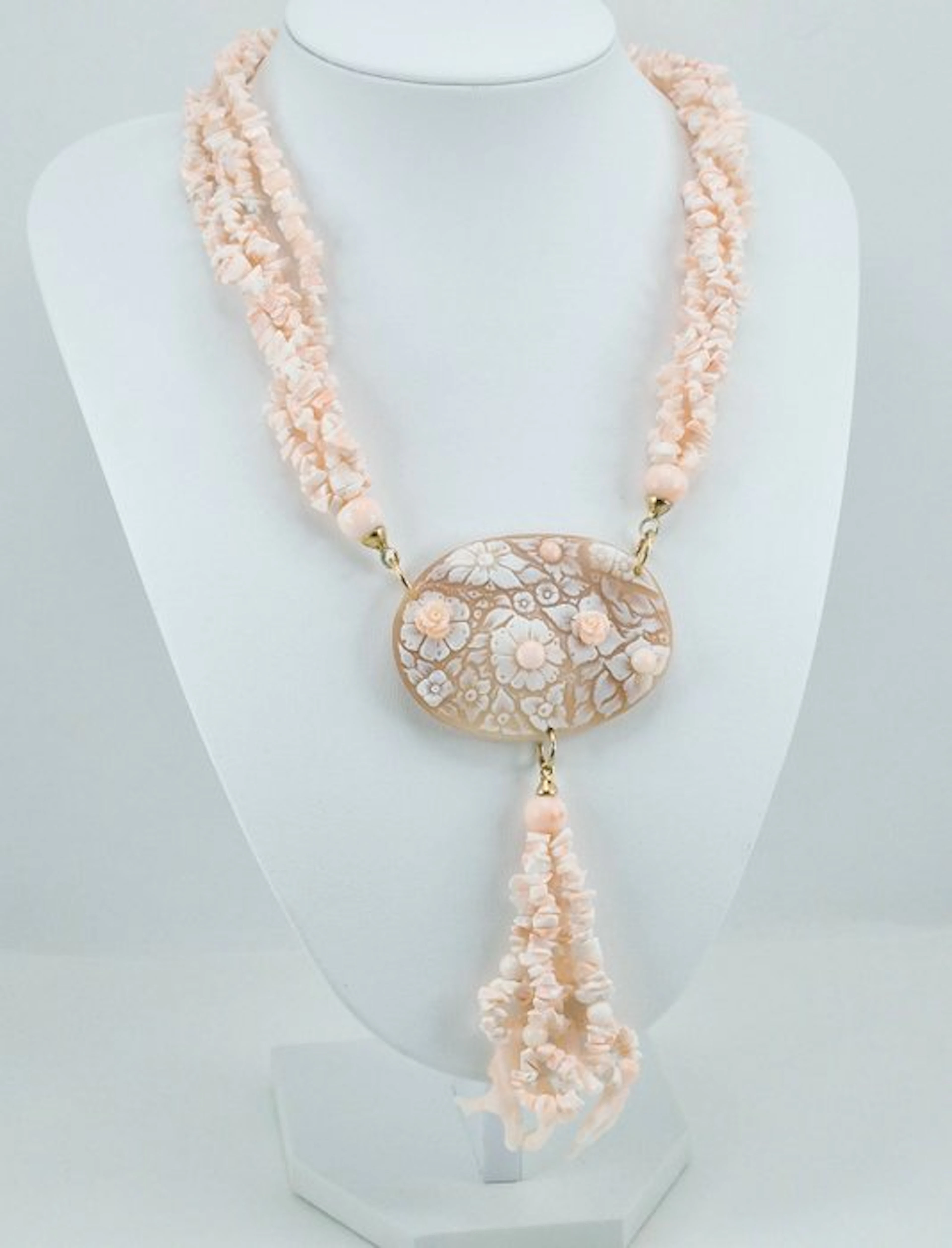 Coral - Silver, Gold-plated - Necklace - Pink Coral and Cameo