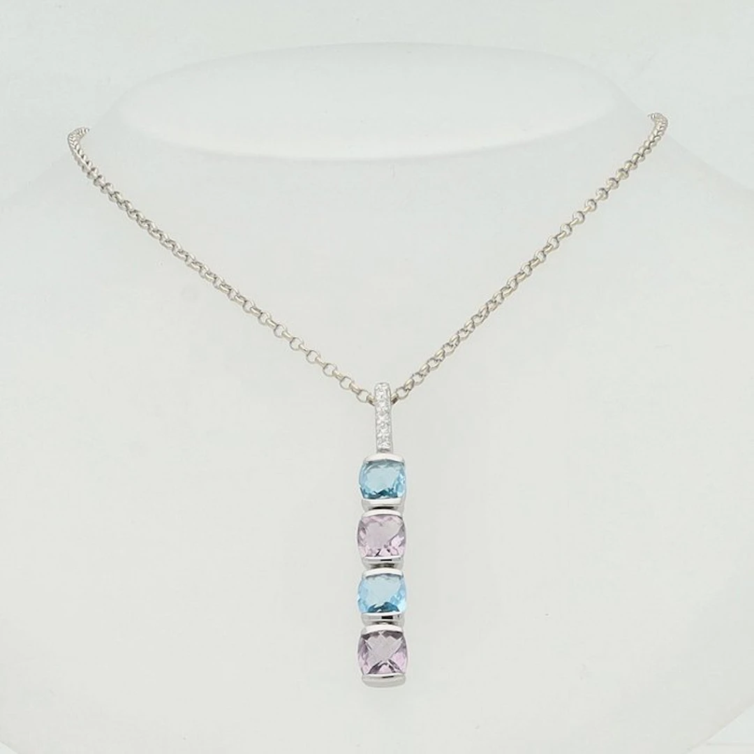 Necklace with pendant - 18 kt. White gold Amethyst - Diamond - Topaz