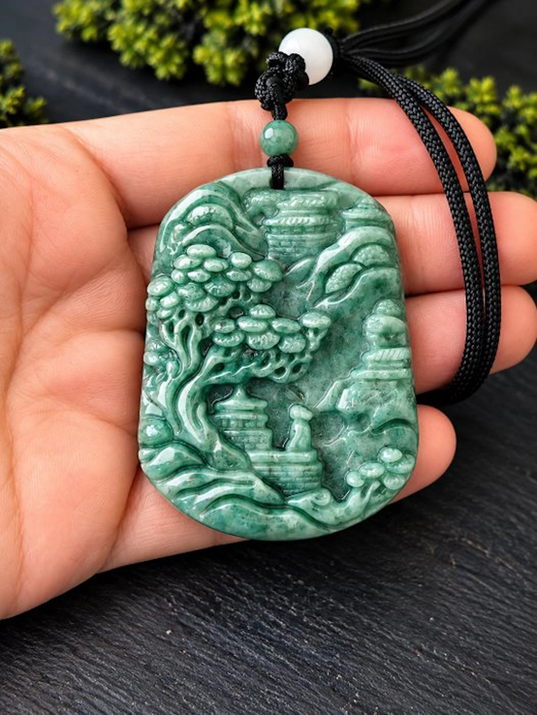 Certified Jadeite Pendant Jade engraving: Asian landscape- 75.86 g - (1)