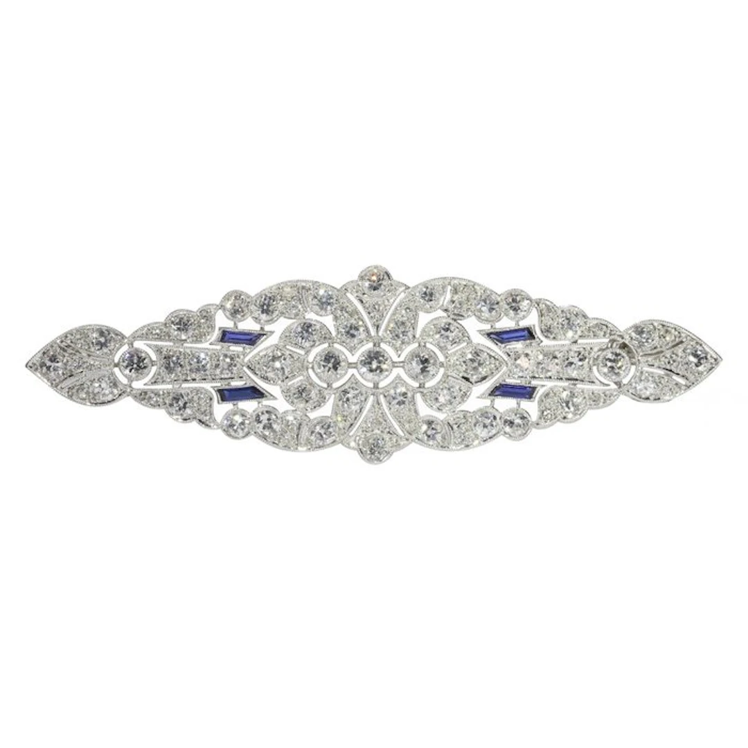 Brooch Platinum - 6.90ct. tw. - Diamond - Sapphire, Art Deco 1920