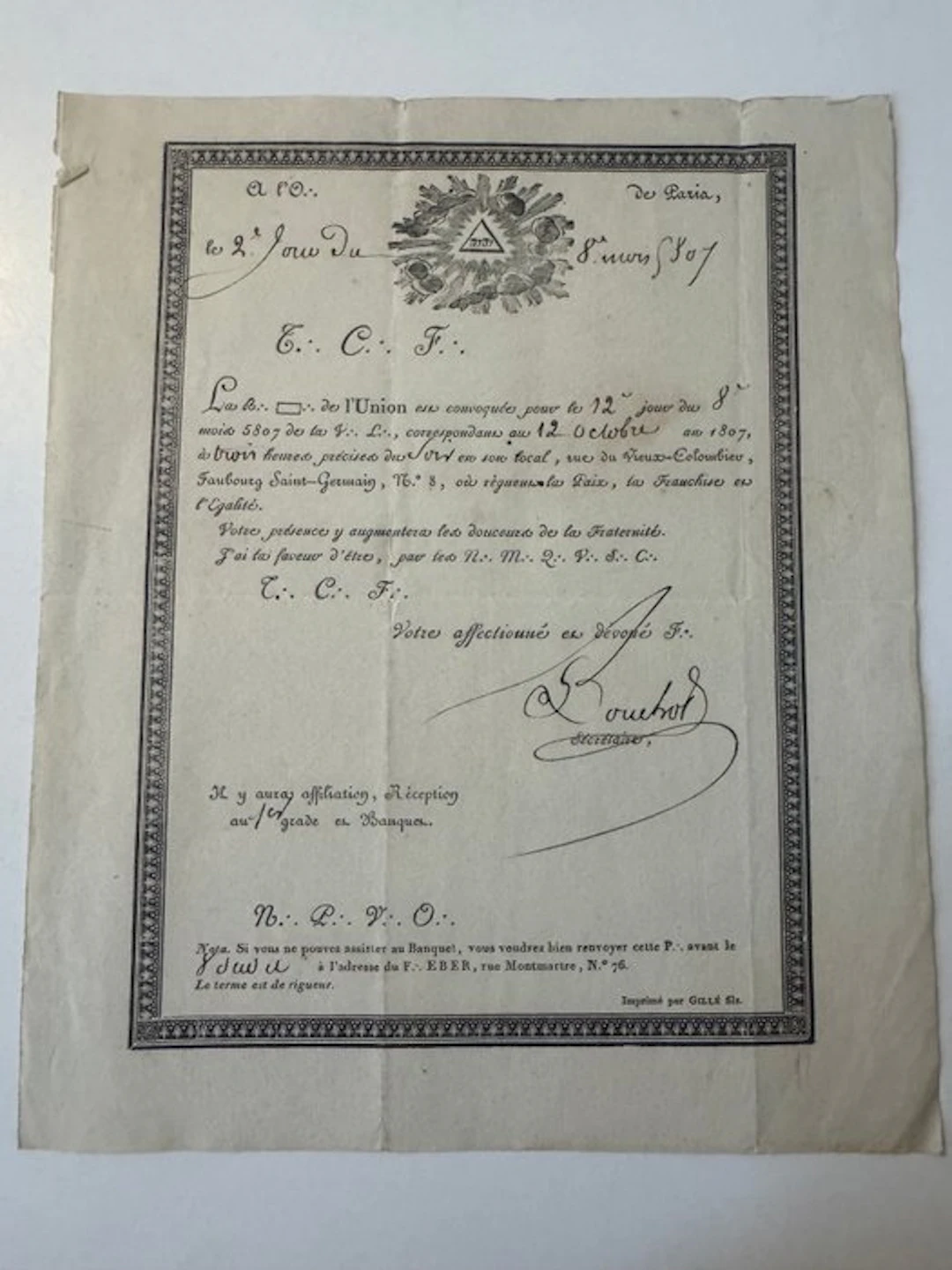France - Document - Convocation originale pour le 12 octobre 1807