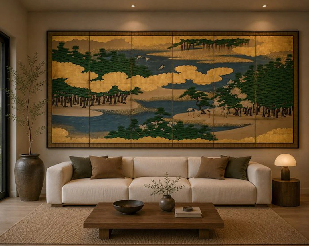 A stunning Gold Leaf Six-Panel Byōbu with Cranes among Pine Trees