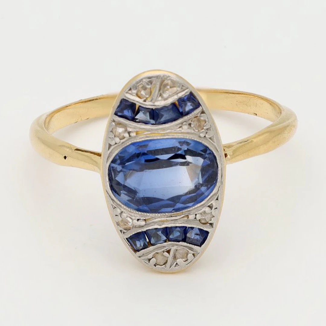 Ring - 18 kt. Yellow gold, Platinum Diamond (Natural) - Sapphire