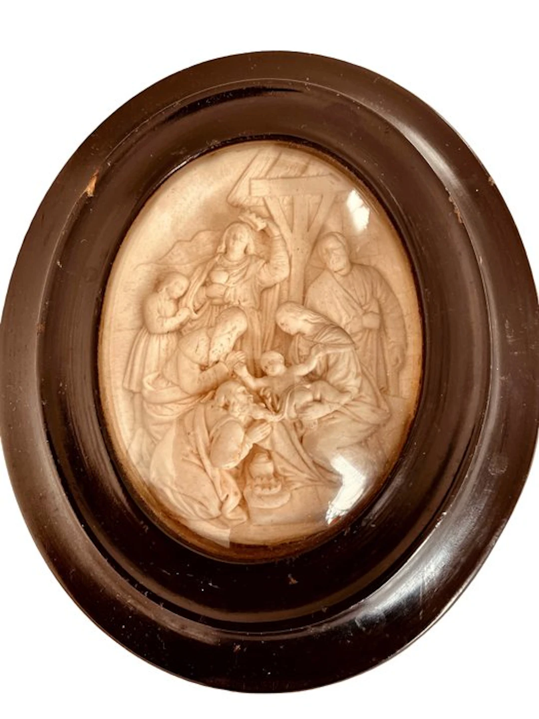 Oval frame with a religious relief — Christ's birth - Antique - Meerschaum
