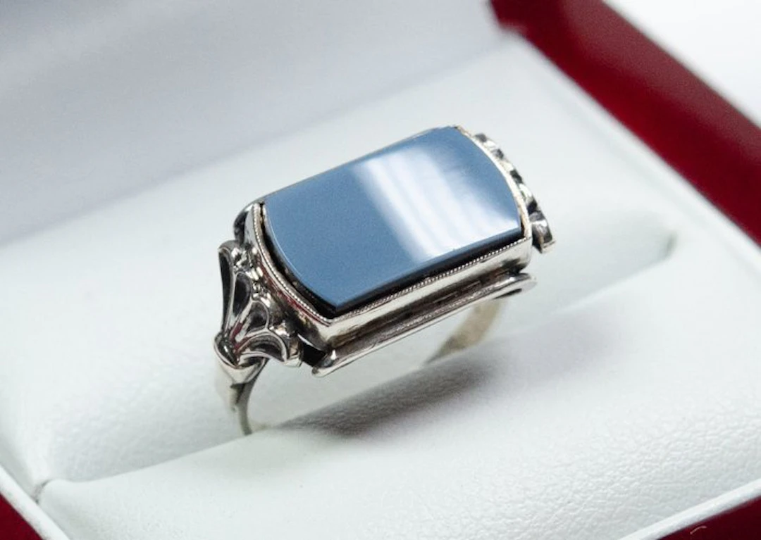 - 835 silver - banded agate - signet ring - Ring