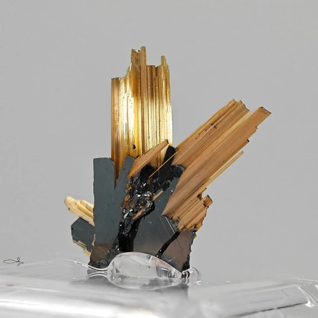 Golden rutile with glossy black hematite