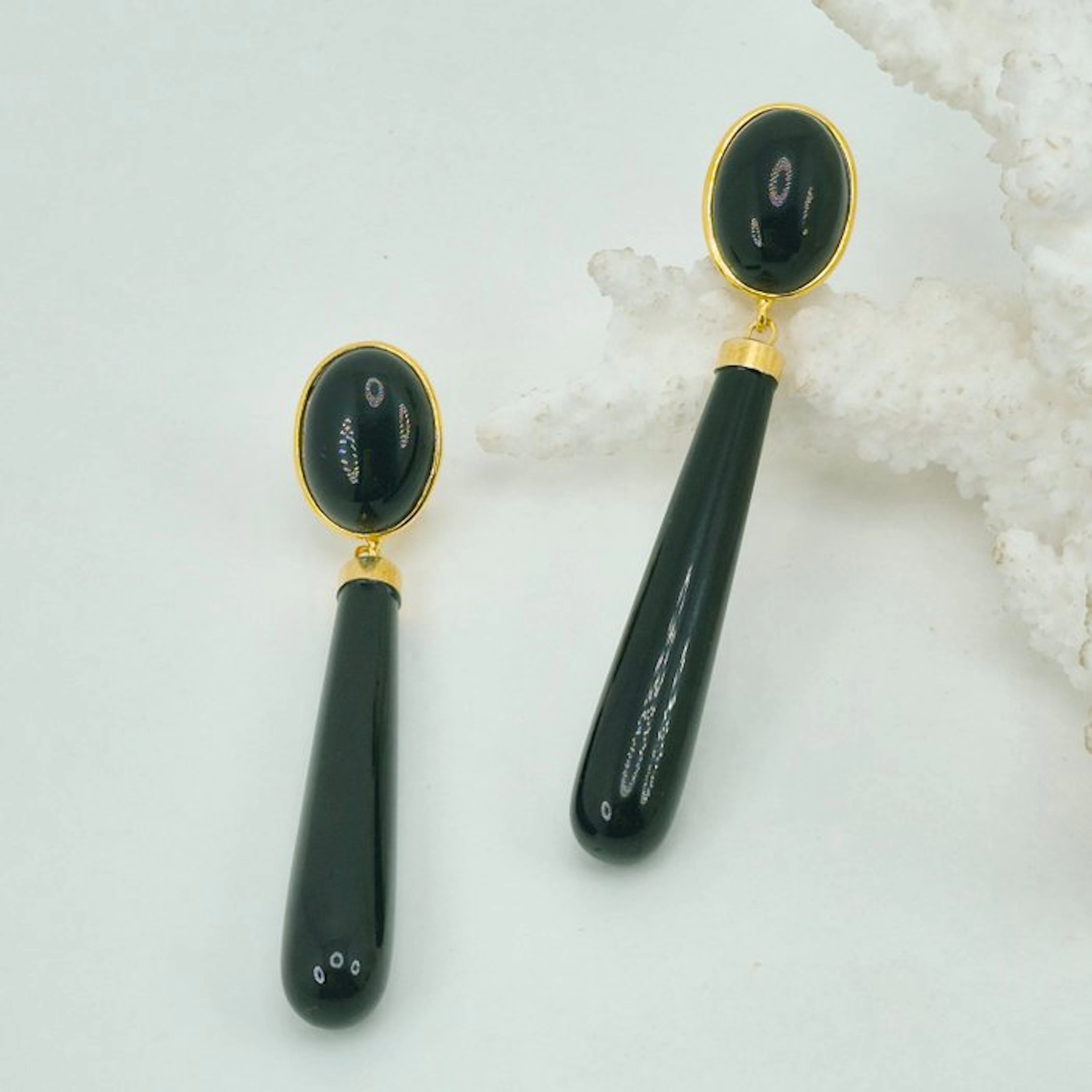 Silver, Gold-plated - Earrings - Natural black obsidian