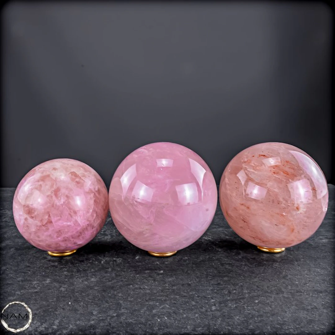 Rose Quartz & Fire Quartz Ball Trio – Three one-of-a-kind...