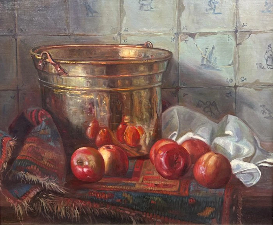 Piet Moleveld (1919-1976) - Stilleven met fruit en koperen pot