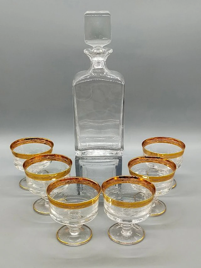 Kristall Likörset mit Goldrand – Karaffe & 6 Gläser - Jar - Crystal