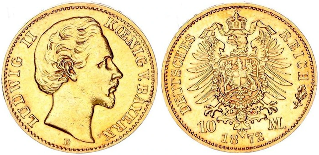 German Empire Bavaria Munich. Ludwig II. (1864-1886). 10 Mark 1872