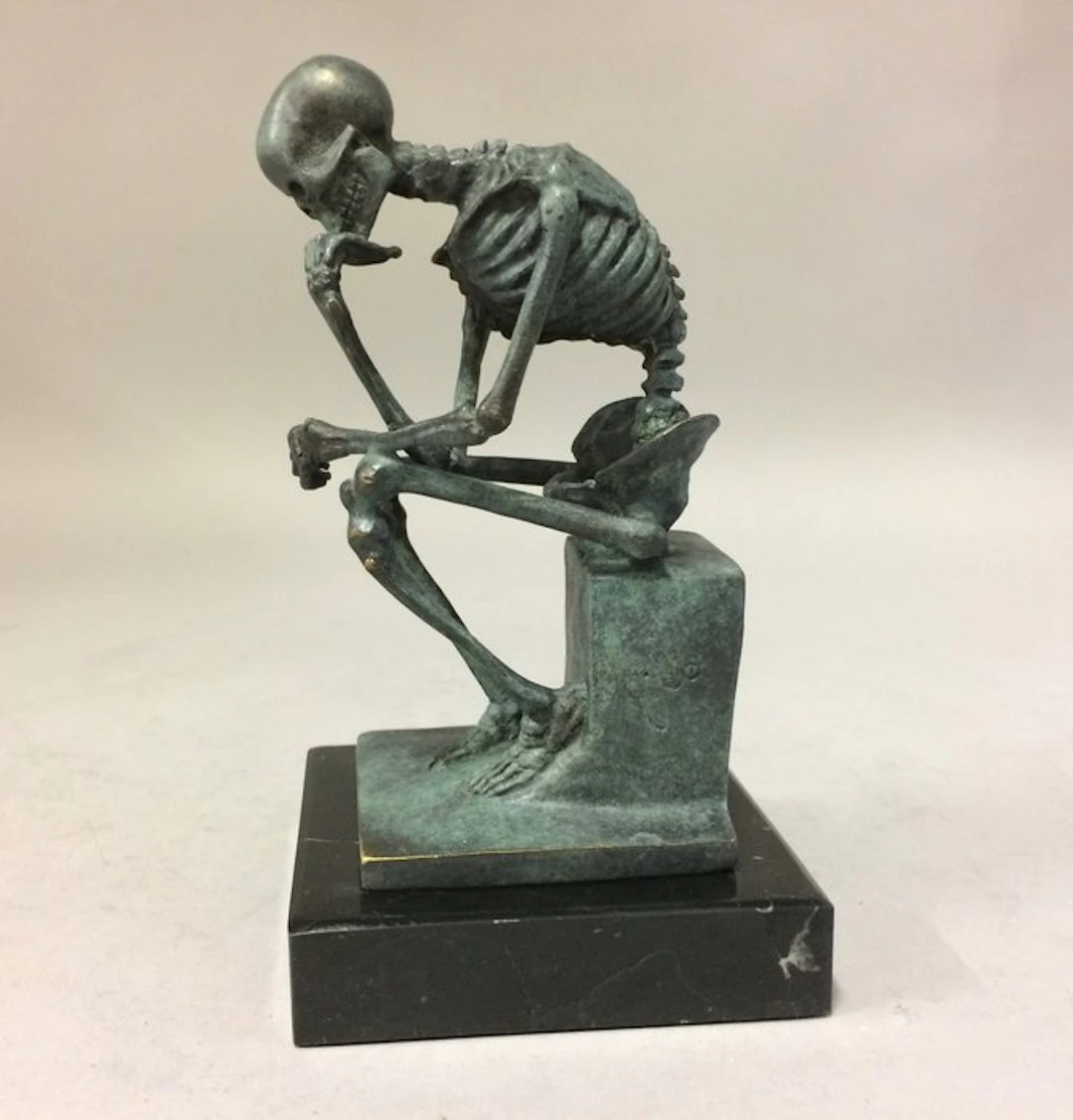 Sculpture, De Denker als skelet - 15 cm - green patinated