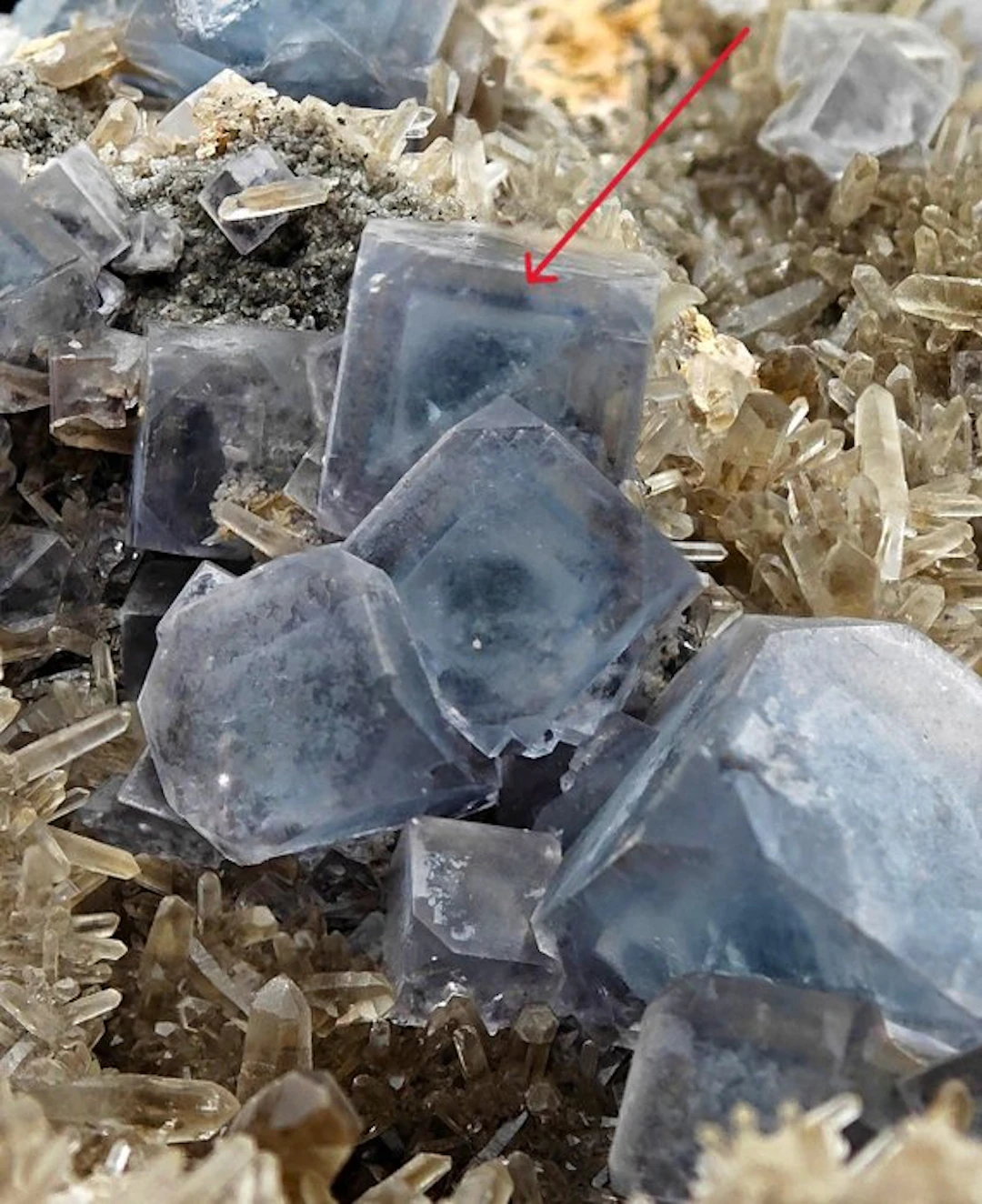 Extremely rare blue fluorite with phantoms and smoky quartz