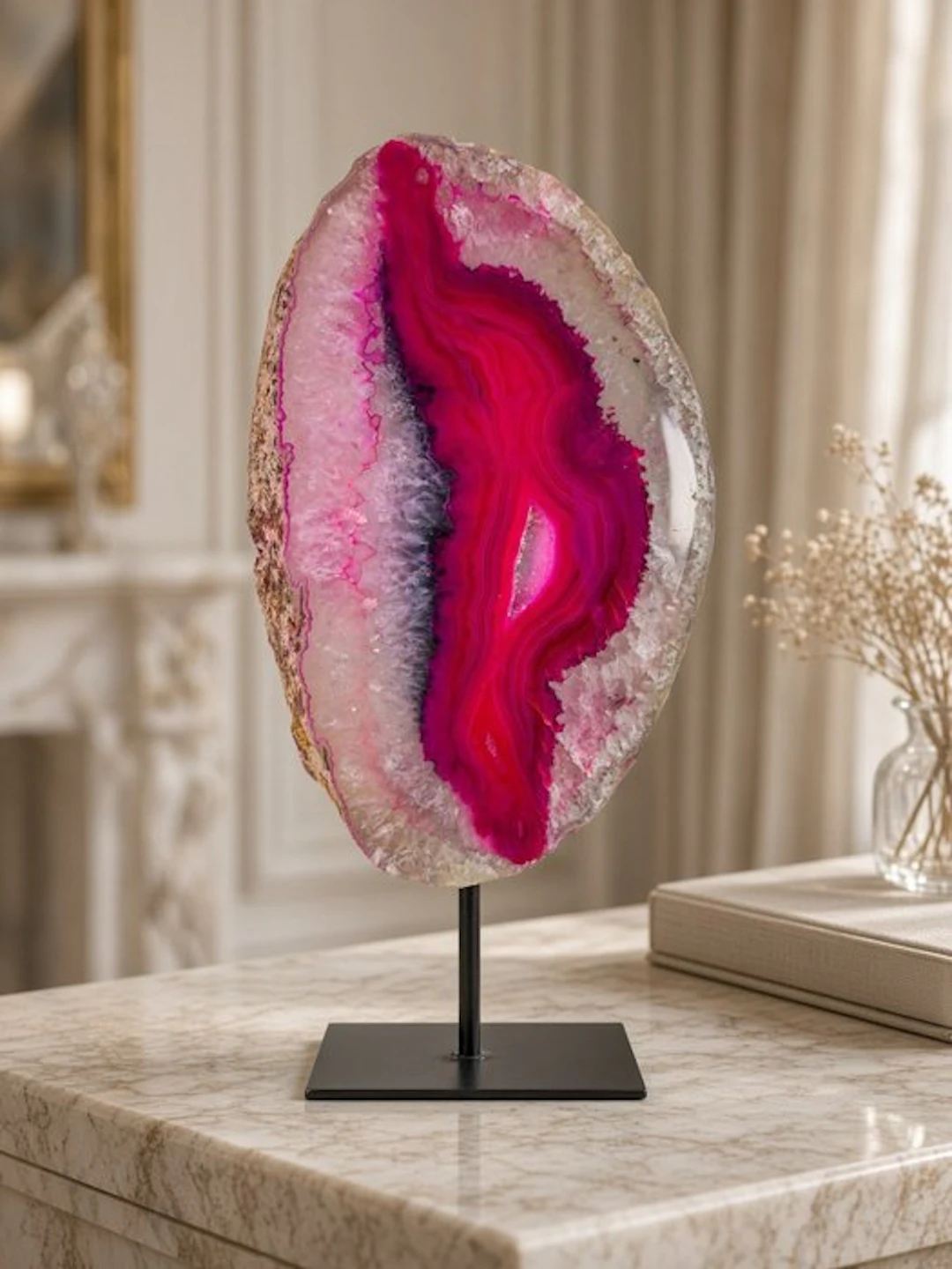 Agate - pink rock crystal geode on stand Geode - Height...