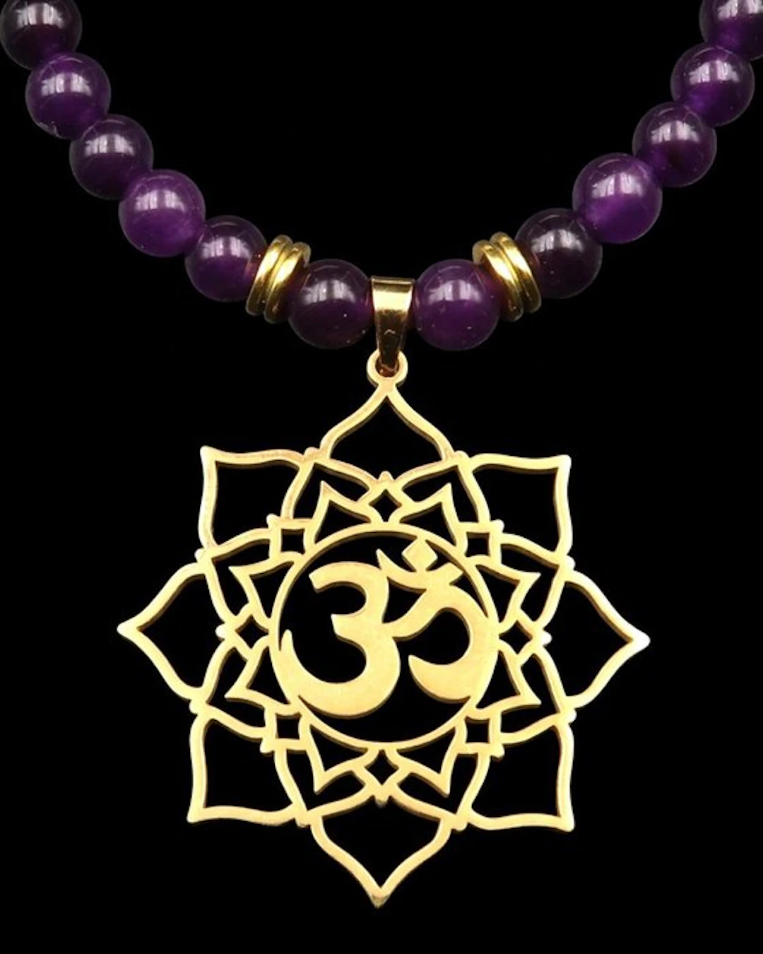 Amethyst - Lotus Flower Necklace and Om Mantra –...