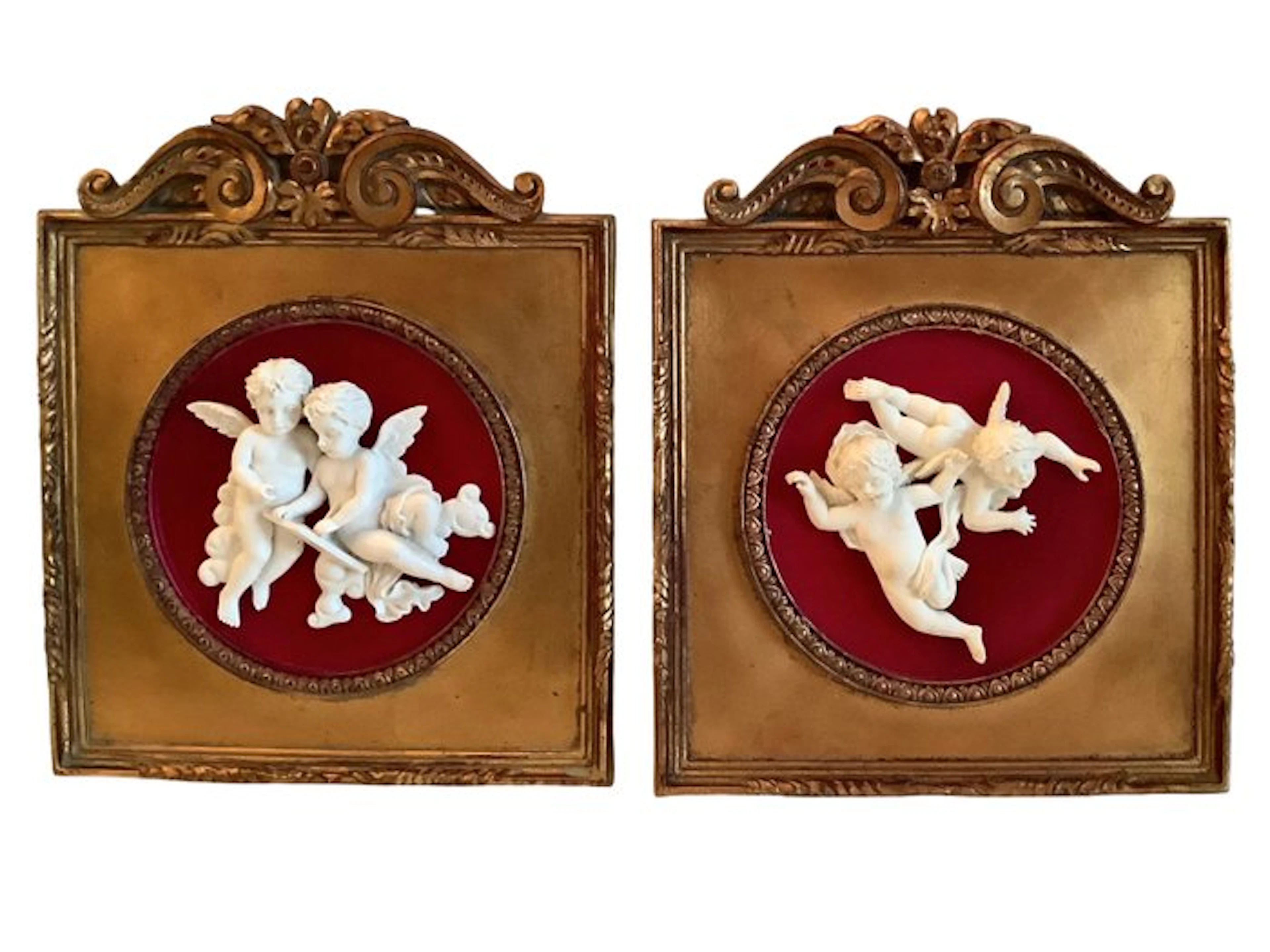 Pair of decorative wall pictures - Angels / Cherubs - Resin, Textile