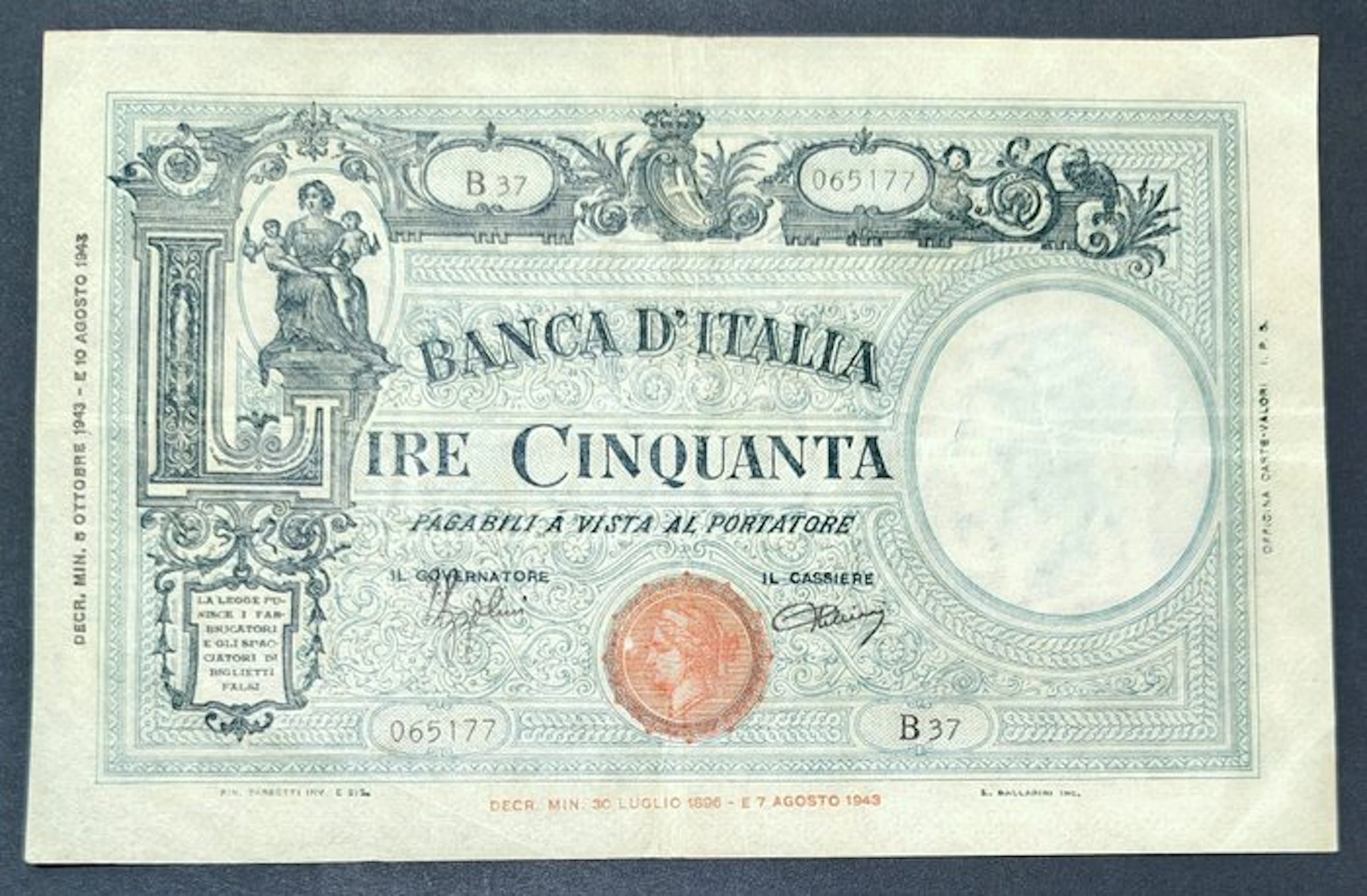Italy. 50 Lire 08/10/1943 (No reserve price)