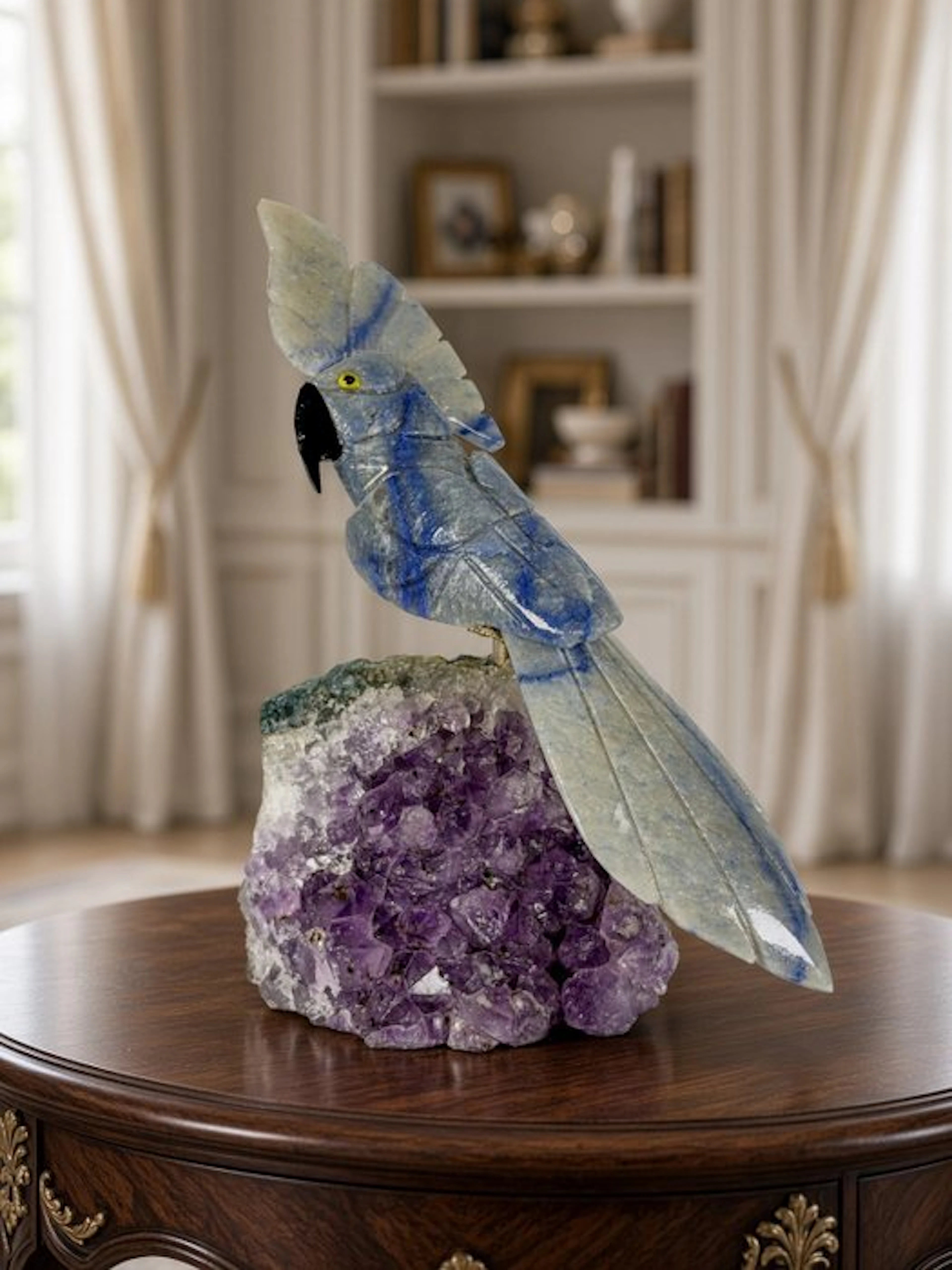 Rare piece - Hand-carved blue natural-stone parrot on...