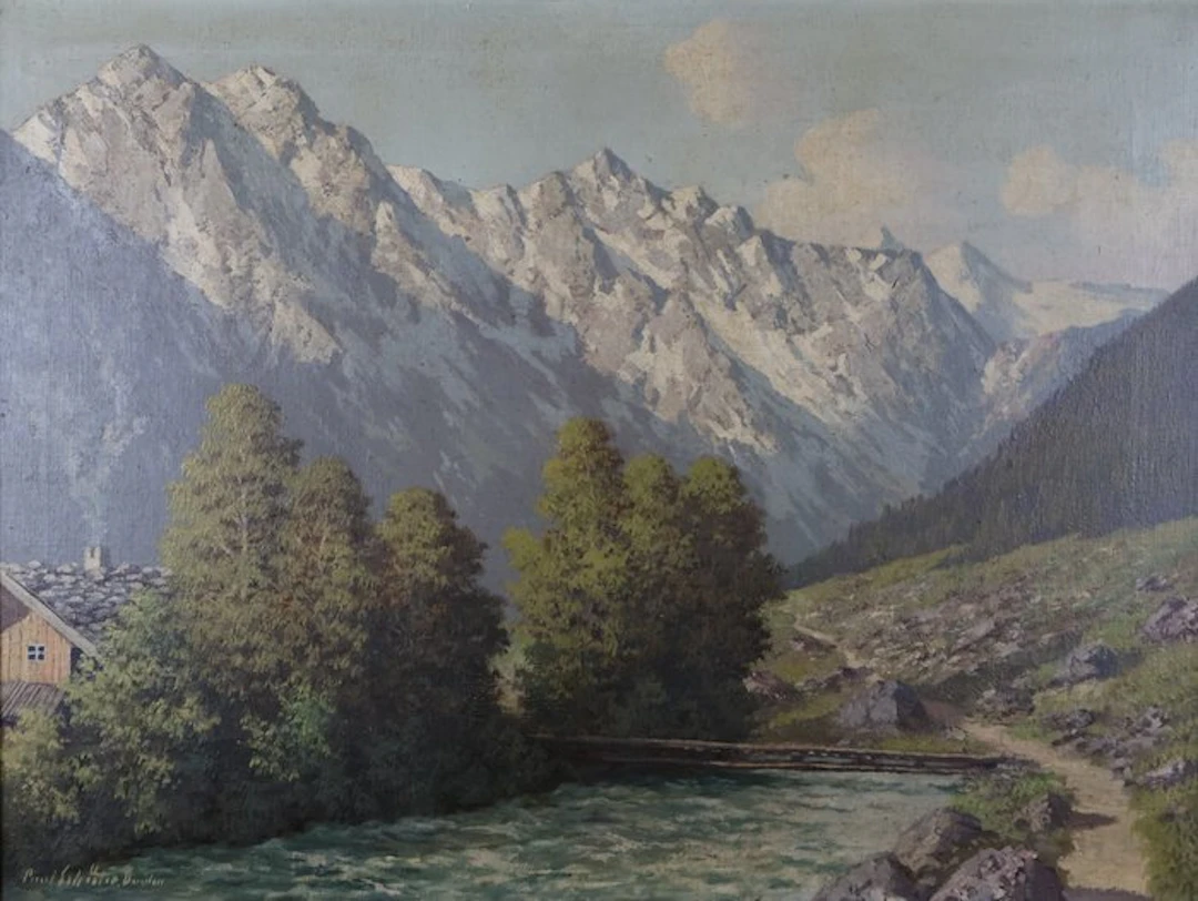 Paul Schlechter (XX) - Alpental mit Wildbach und Hochgebirge