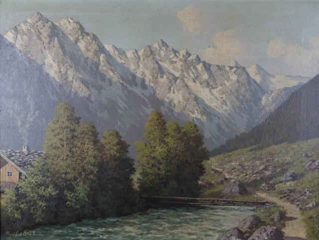 Paul Schlechter (XX) - Alpental mit Wildbach und Hochgebirge