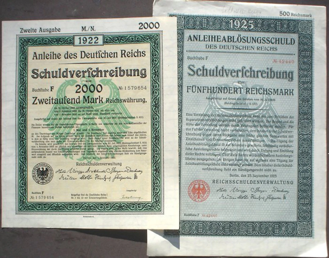 Tyskland. 6 Stocks, 2 x German Government 500 + 2000 Mark Bond to Bearer, 1922 + 1925 uncancelled + 4 more