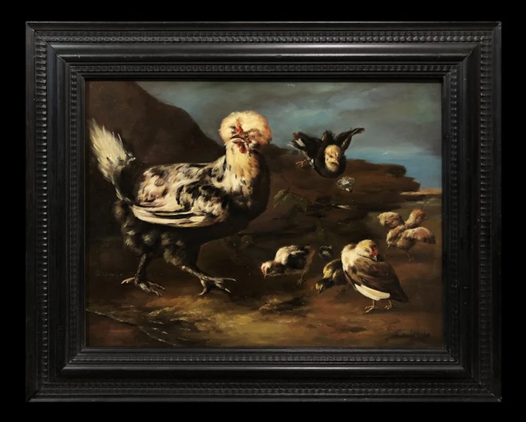 European School (XIX-XX) - A Guinea Rooster with Hens and...