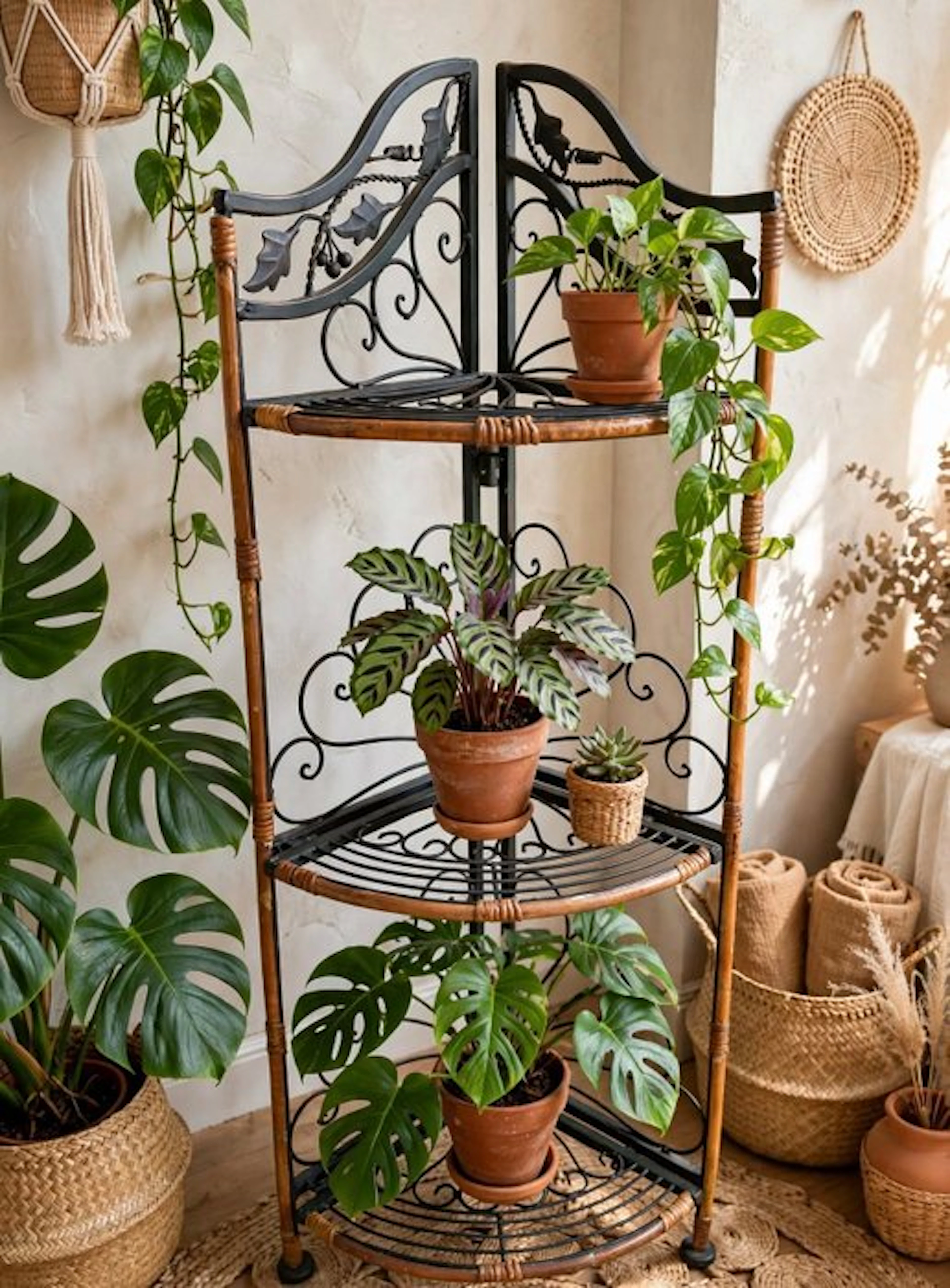 Corner cabinet - Wrought iron, rattan - Foldable corner bracket