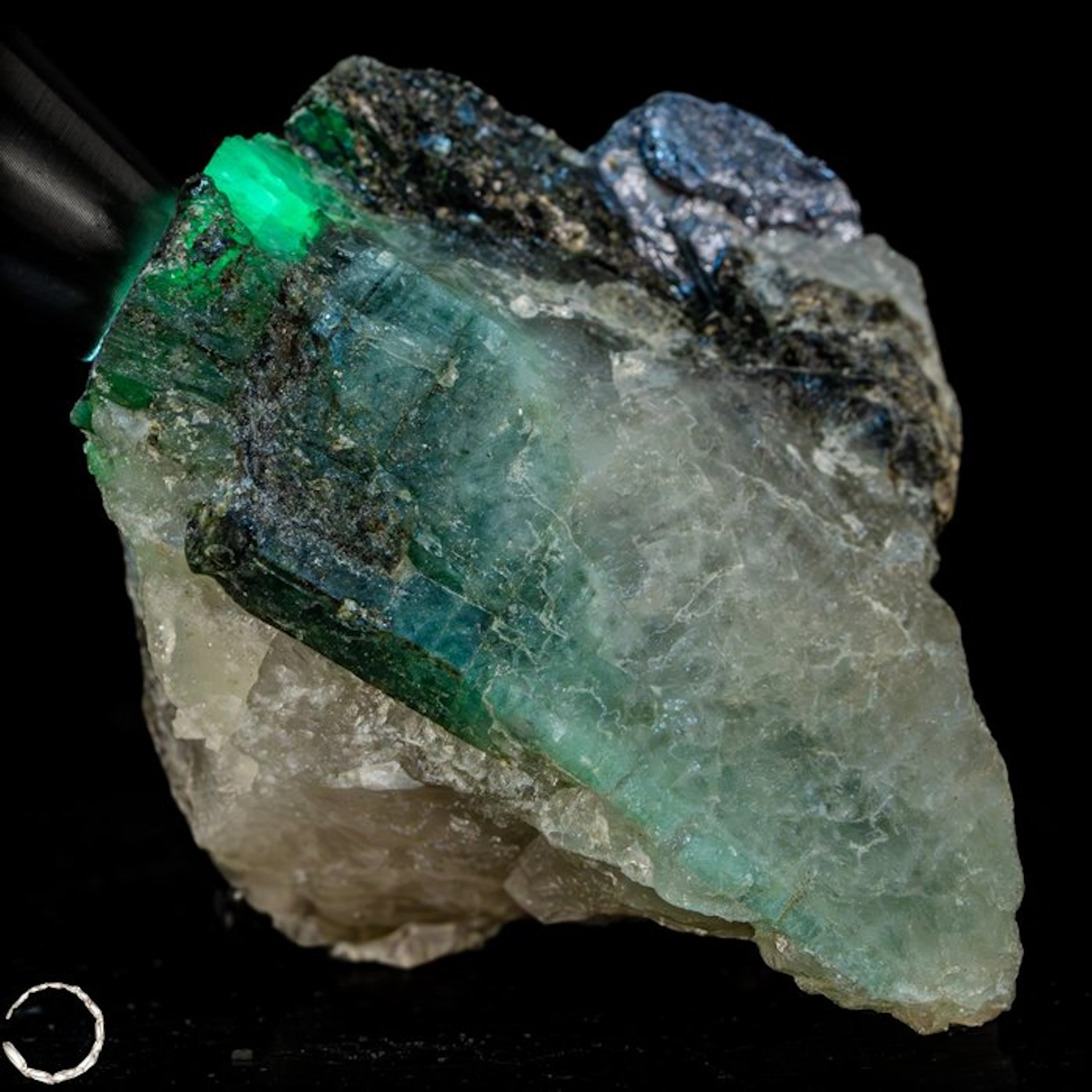 Rarer natural emerald rough on quartz matrix – with black tourmaline & galena