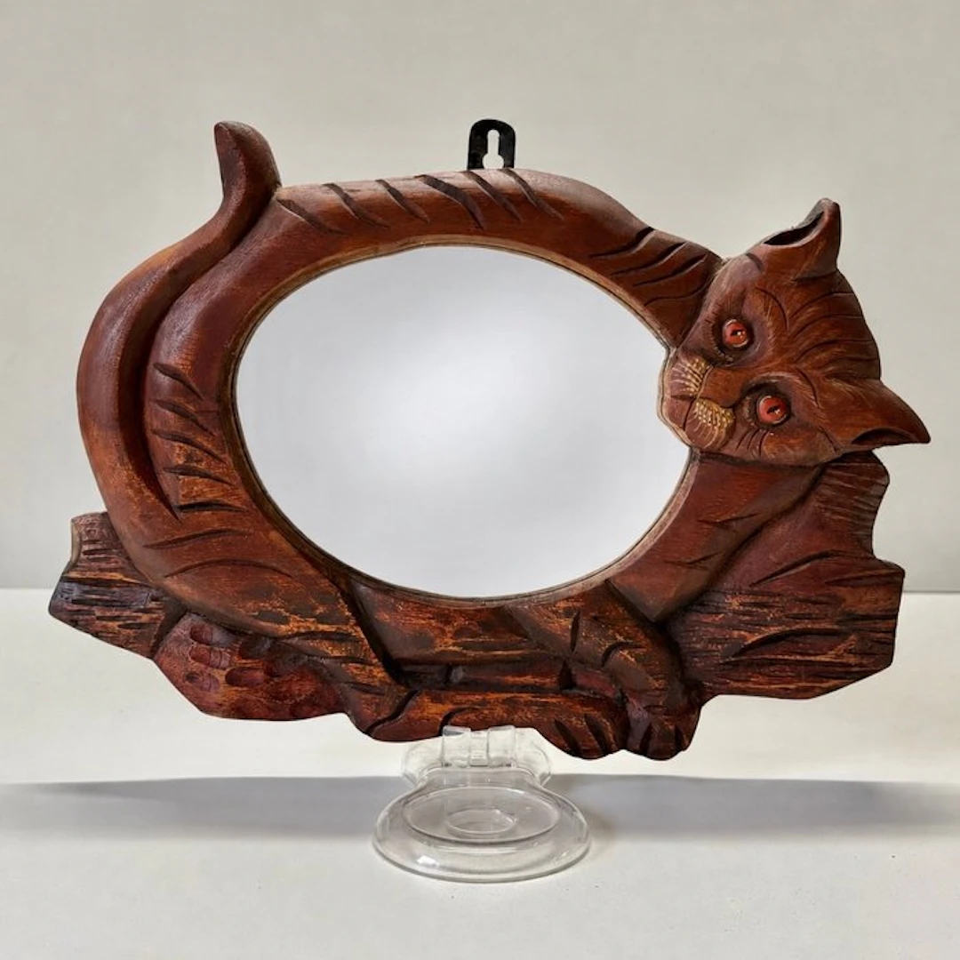 Handgesneden - Mirror - Wood, Glass - Cat Mirror