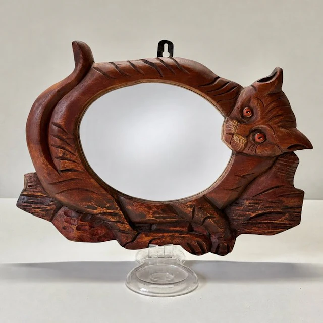 Handgesneden - Mirror - Wood, Glass - Cat Mirror