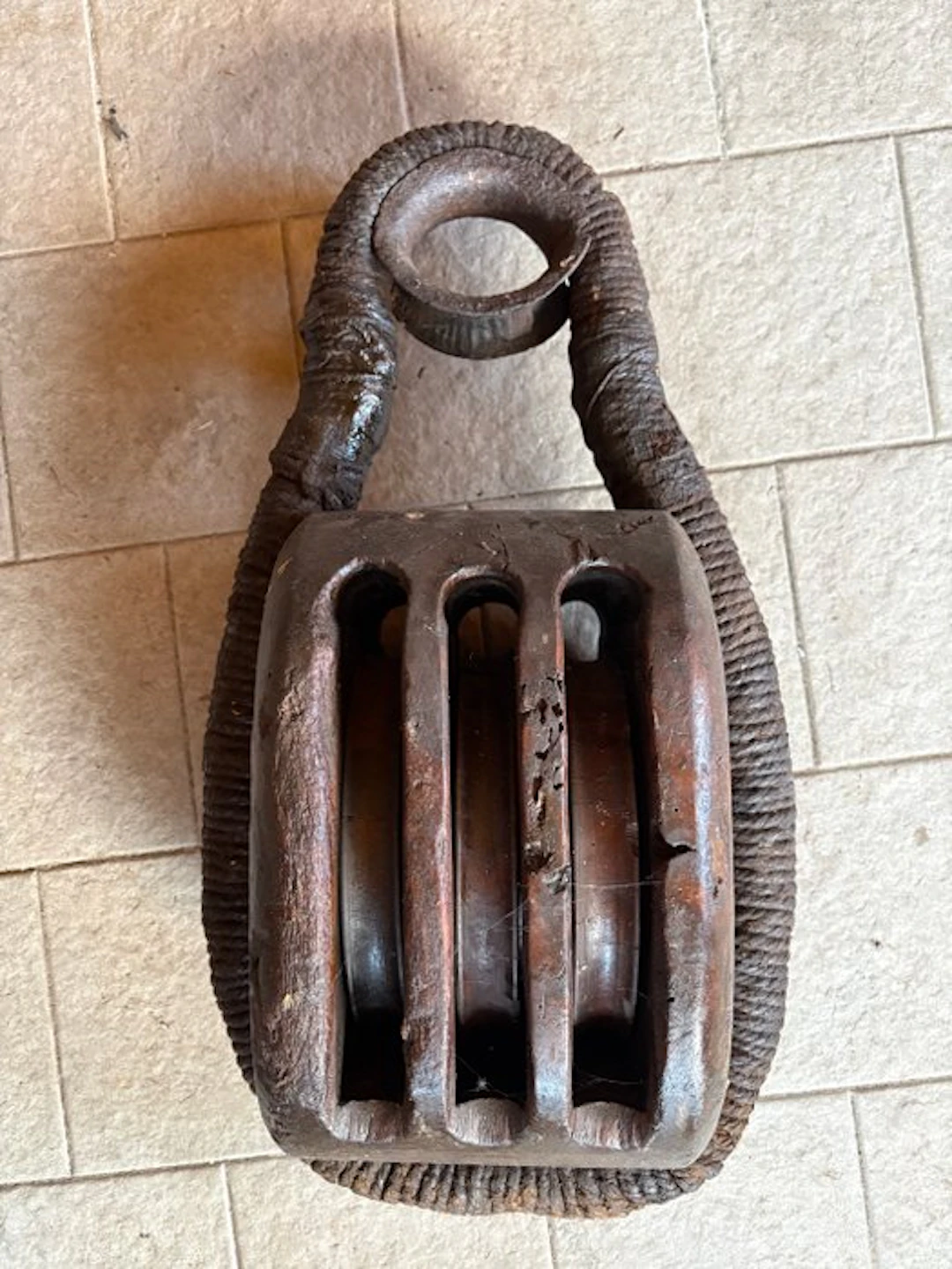 Maritime object - Wood- ancient triple pulley