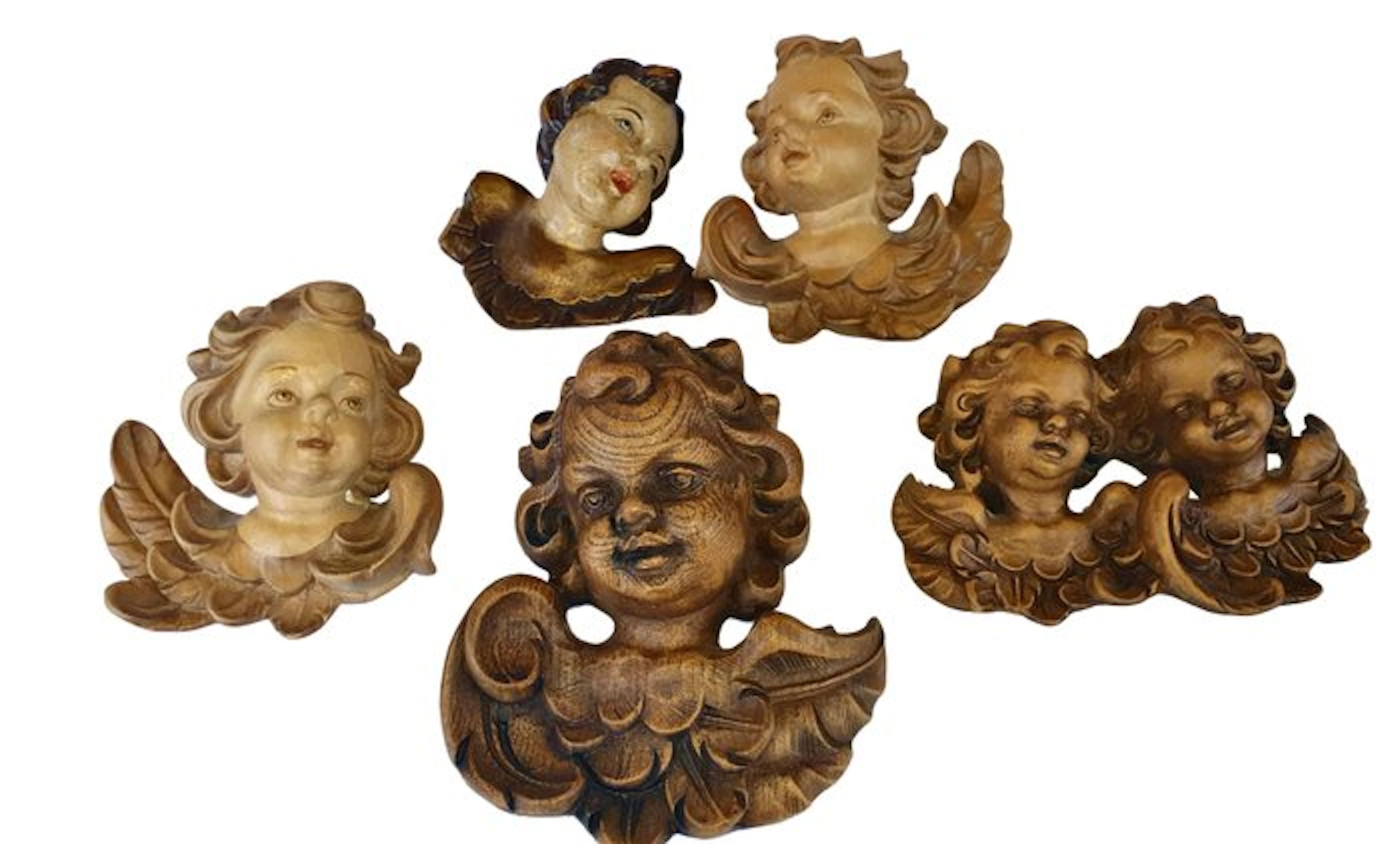Sculpture, Set van 5 putto engelen - 13 cm - Limewood - 1900