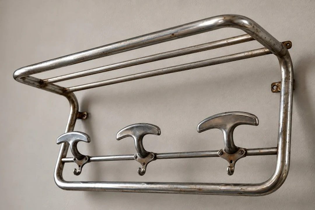Bauhaus Style – German Industrial Wall Coat & Hat Rack –...