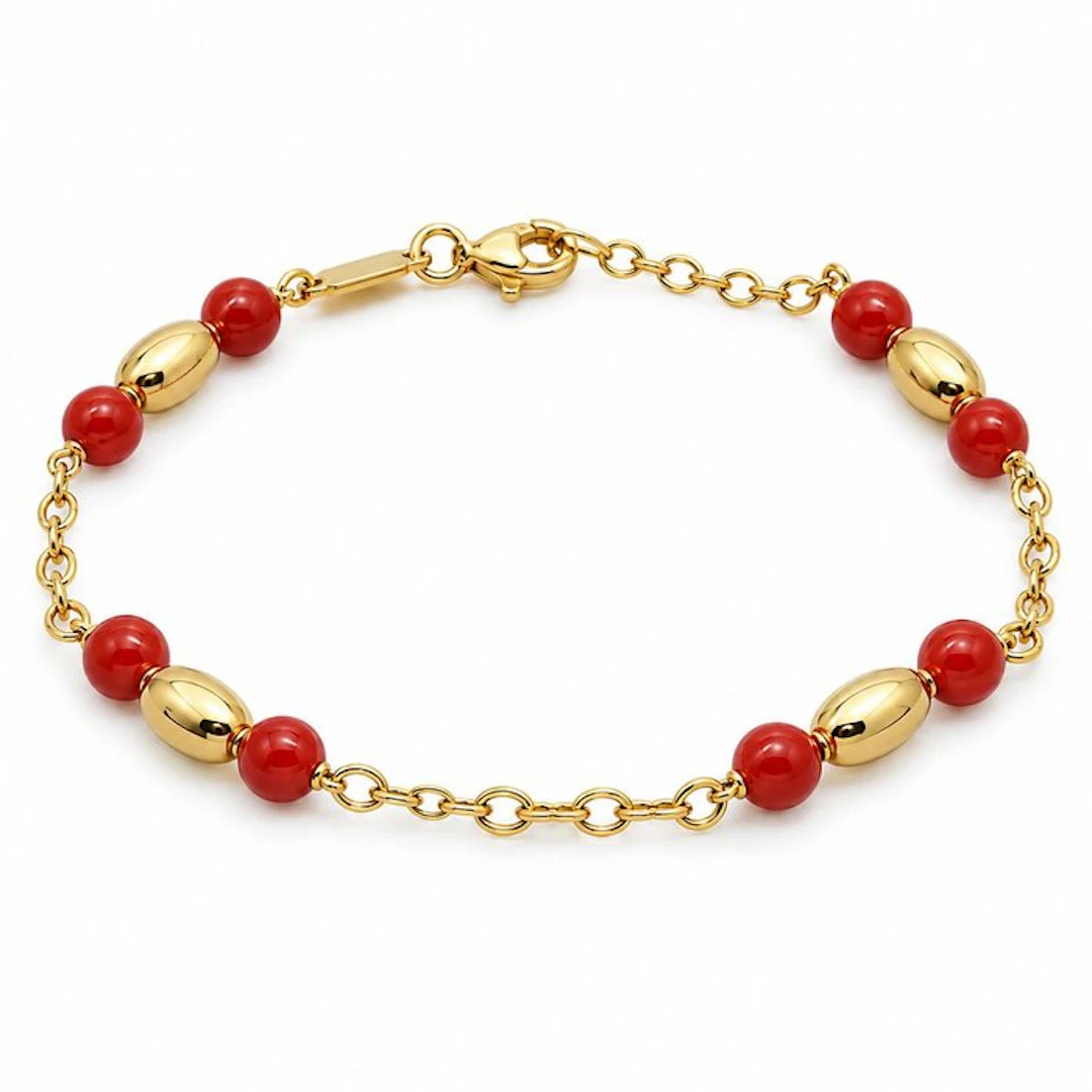 Bracelet - 18 kt. Yellow gold Coral - Made in Italy - Handmade